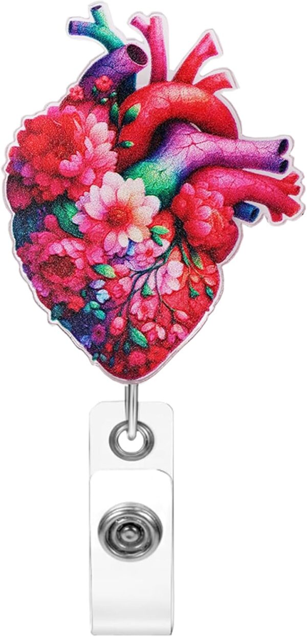 arrete de insignias – Insignia magnética con diseño de corazón anatómico floral, soportes retráctiles para enfermeras, personal médico, profesores y profesionales de oficina (acrílico)